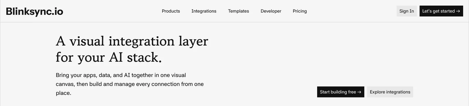 The Blinksync website header and hero headline about a visual integration layer for your AI stack