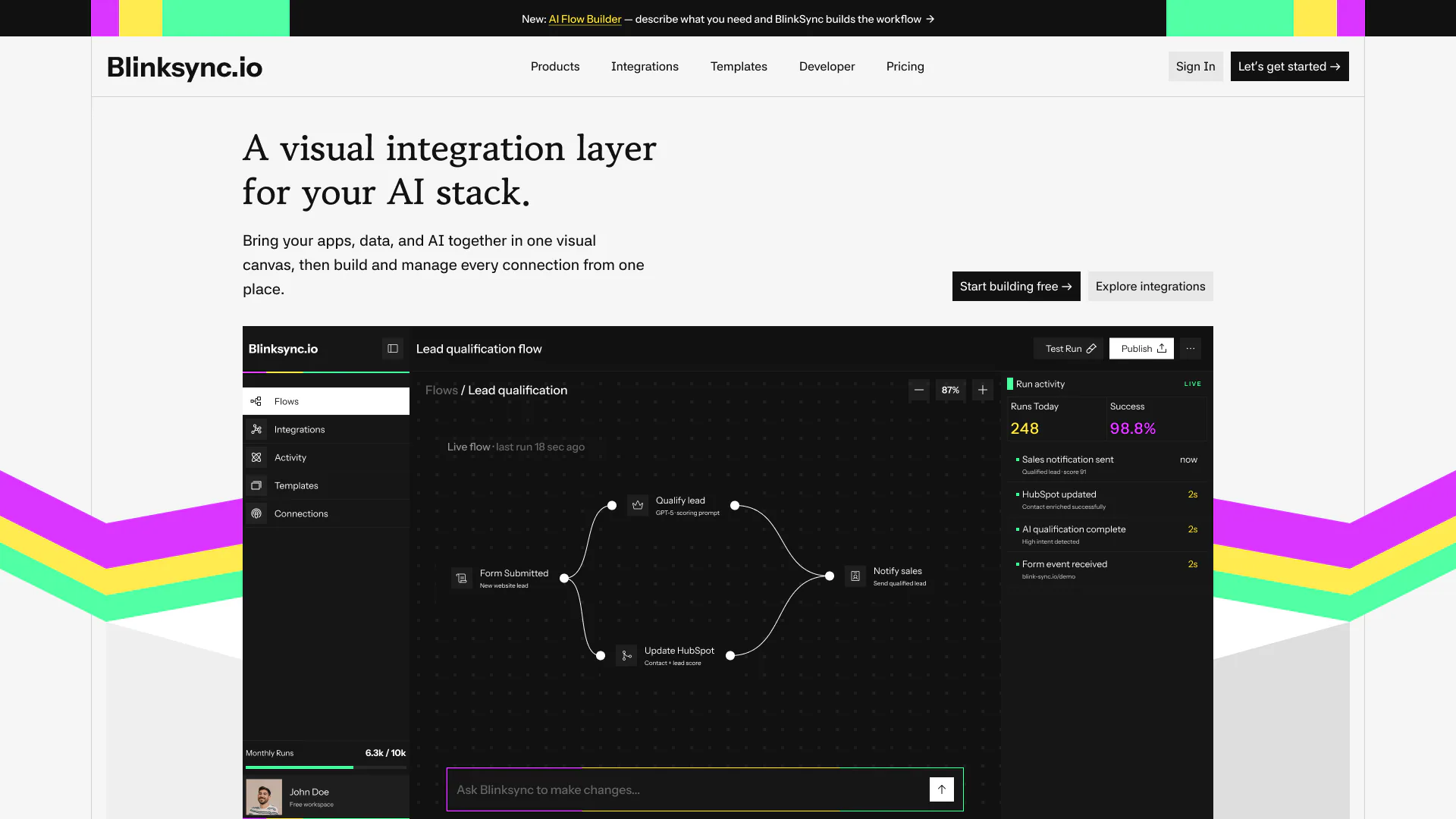 Blinksync integration platform website and workflow canvas
