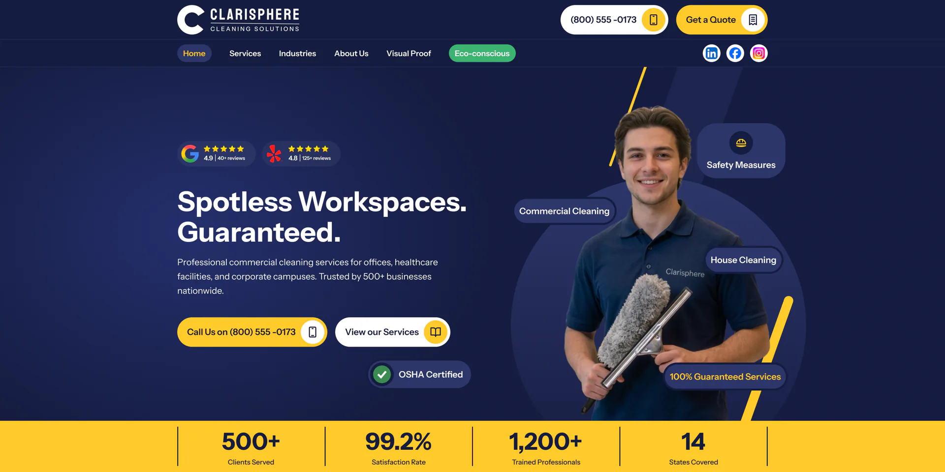 Clarisphere commercial cleaning website shown in desktop and mobile layouts