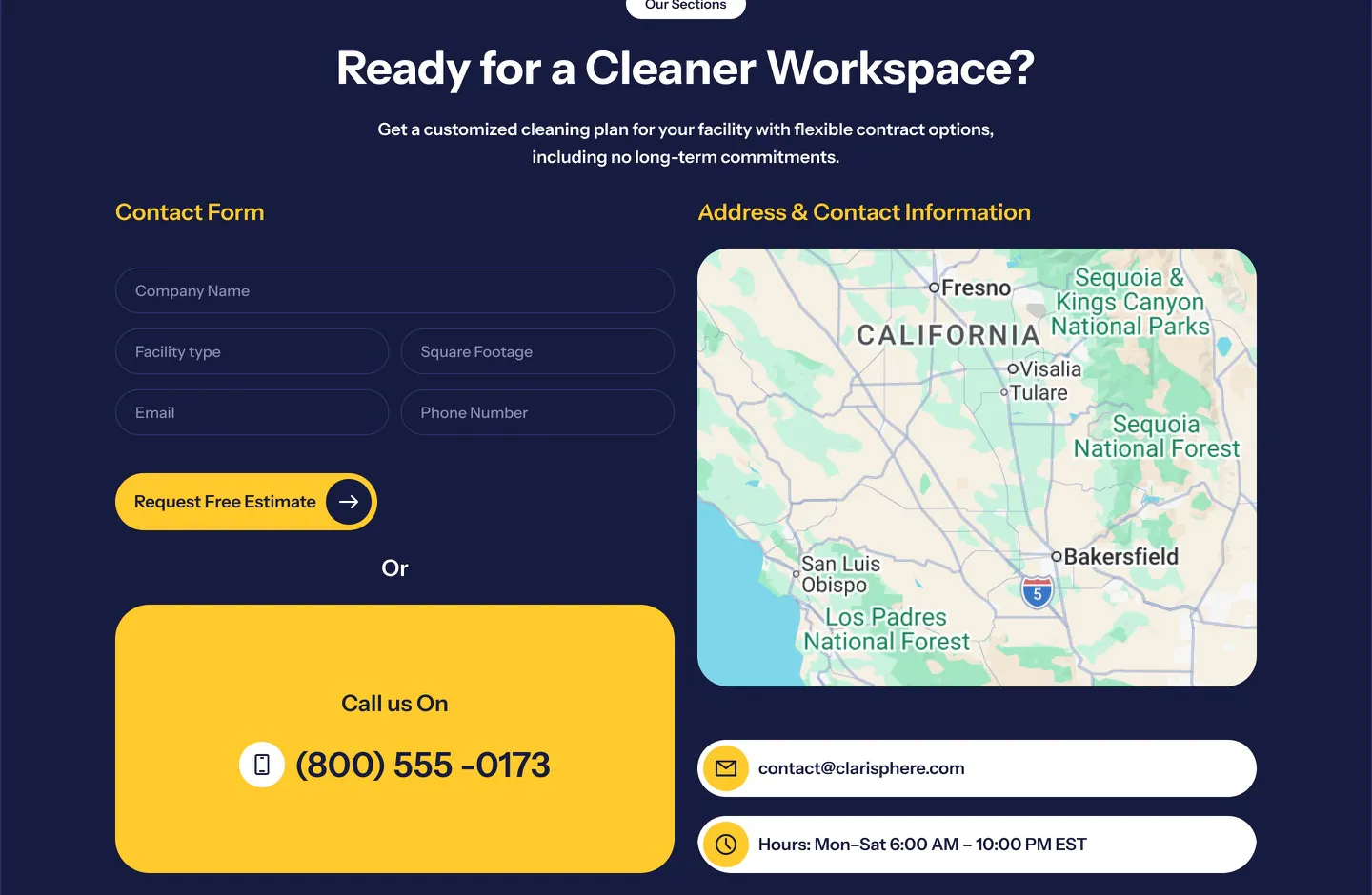 Clarisphere closing section with a short estimate form, phone number and map