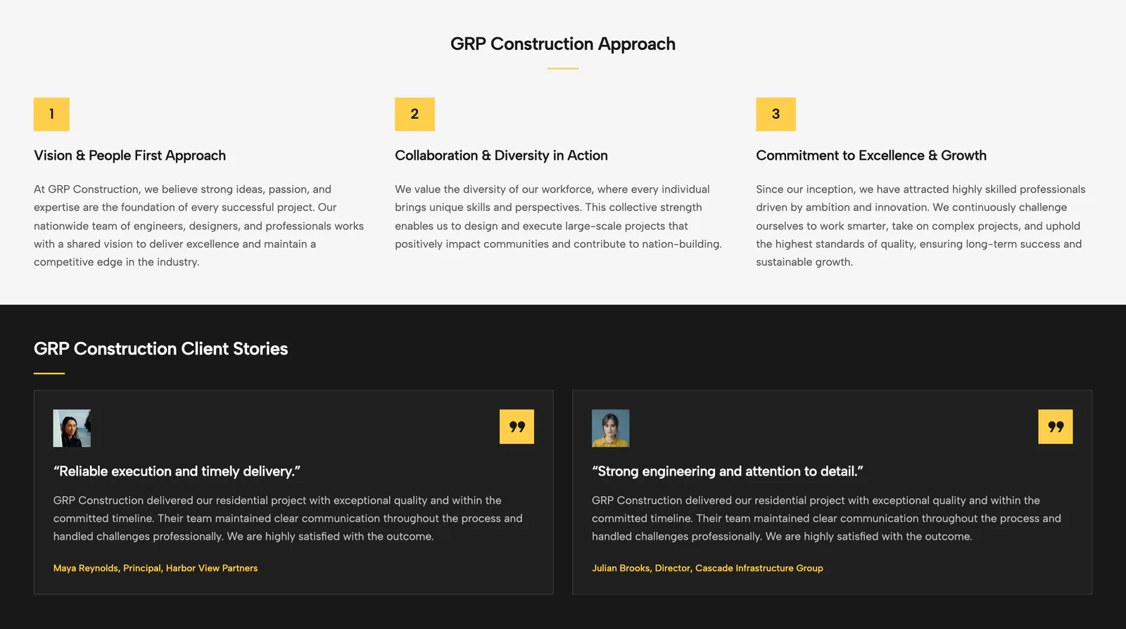 GRP Construction approach section with three numbered principles, followed by a dark band with two client stories