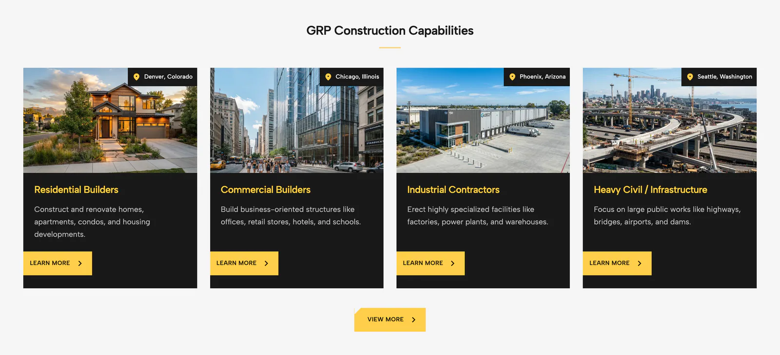 GRP Construction capabilities section with four cards for residential, commercial, industrial and heavy civil work, each with a location tag