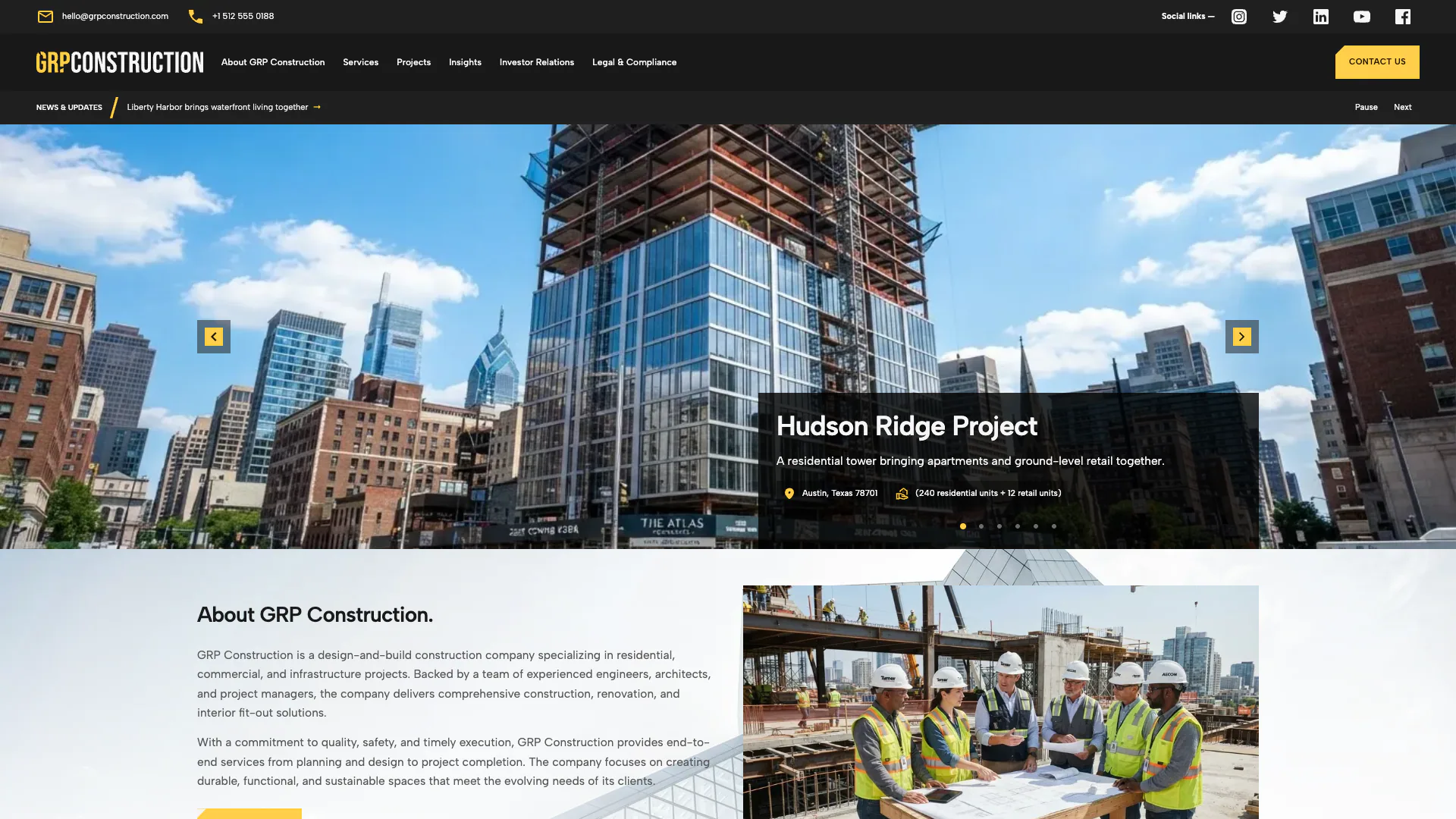 GRP Construction website with a utility bar and navigation above a full-width project slider showing the Hudson Ridge residential tower, and an about section beneath it