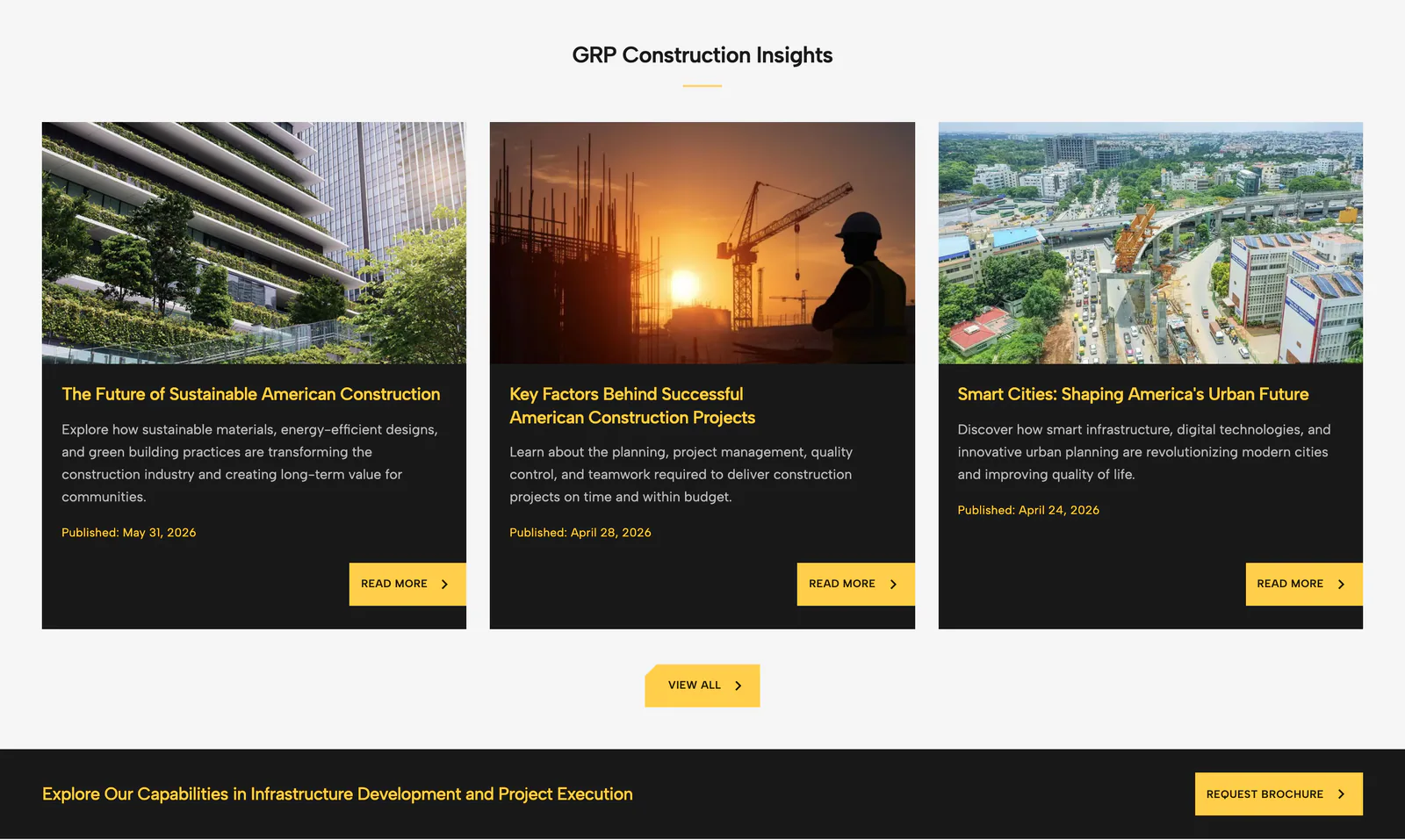 GRP Construction insights section with three article cards, followed by a dark strip with a request-brochure button