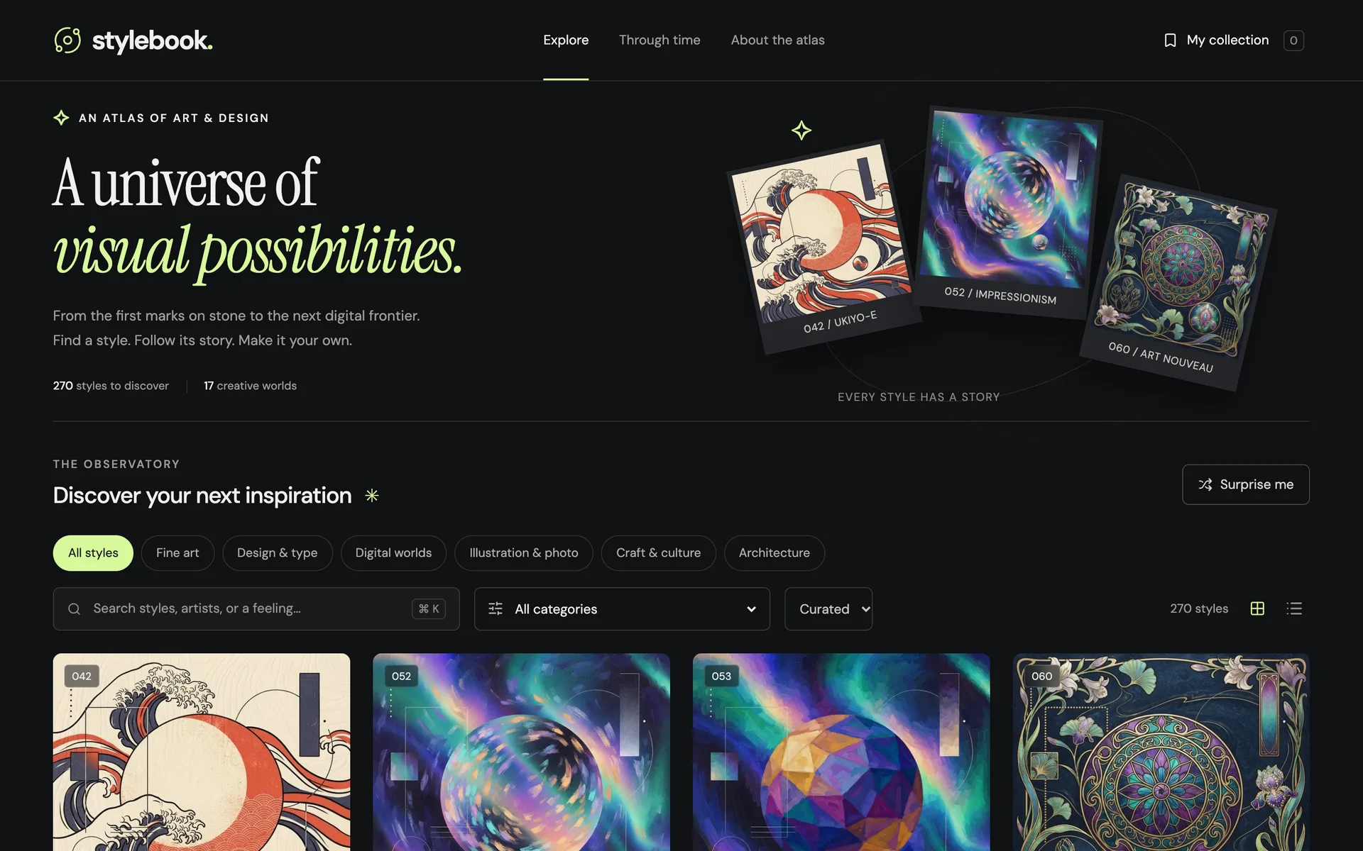 The Stylebook atlas home page with the headline "A universe of visual possibilities" above style cards